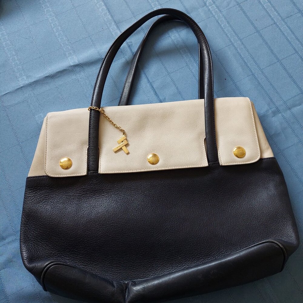 Lancel  Leather Tote Bag Vintage Navy and Cream